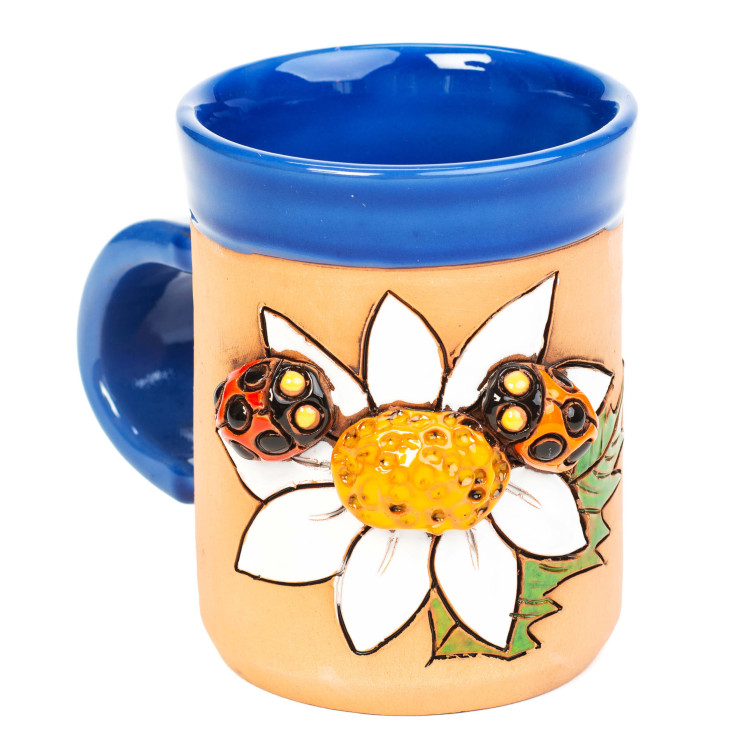 Mėlynas keraminis puodelis su dviem boružėmis