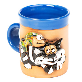 Mėlynas keraminis puodelis su kate ir žuvimi