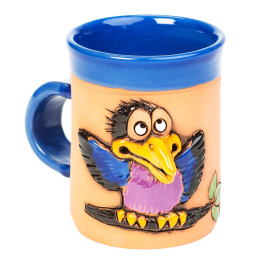 Mėlynas keraminis puodelis su varna ant šakos